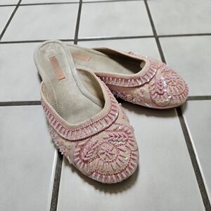 Early 00’s Report Pink Boho Satin Slip On Mules with Beads and Sequins Size 81/2